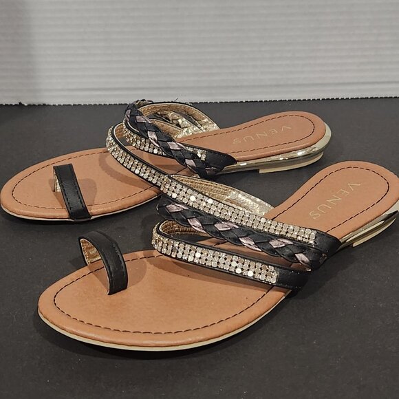 Venus Multicolored Bling Silver Black Rhinestone & Sequin Toe Loop Sandals Sz 7 - Picture 3 of 6